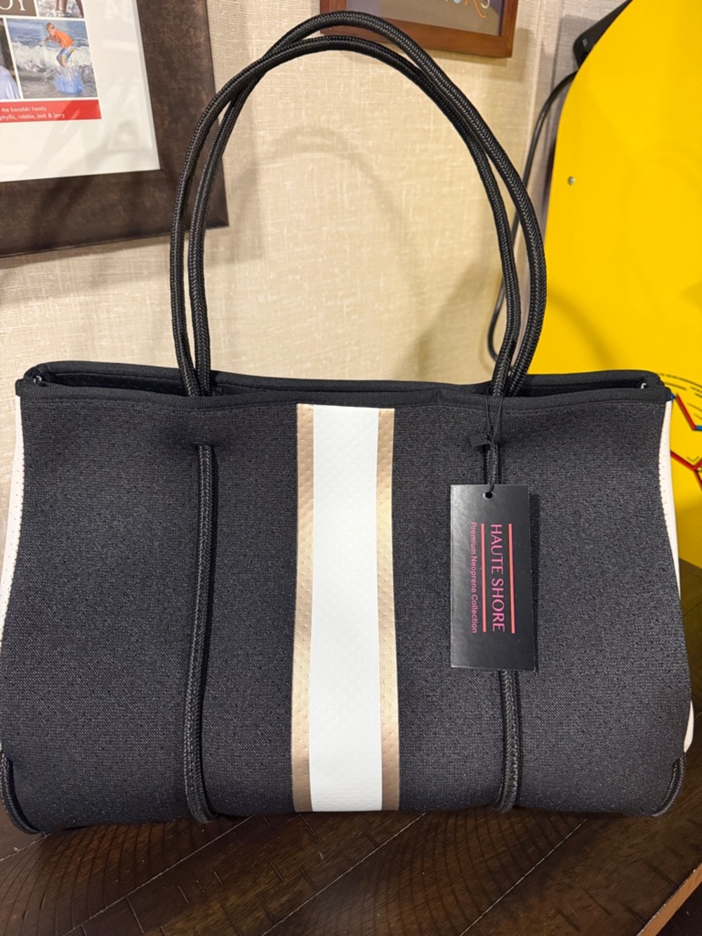 HAUTE SHORE Black Neoprene Tote with White and Gold Center Stripe